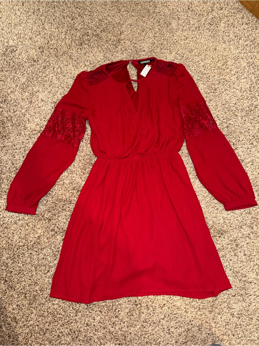 Express Women's Wine Red Long-Sleeve Lace Detail Dress